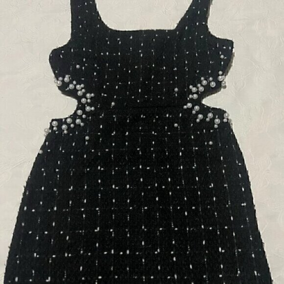 Black Texture Tweed  Weave Cutout Mini Dress With Faux Pearls L - Picture 16 of 16